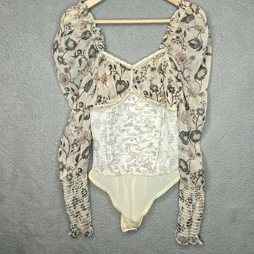 Free People Floral Milkmaid Coquette Bodysuit Ruched Ivory Sheer S